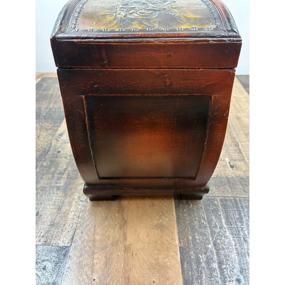 Vintage Wooden Treasure Chest Jewelry Box Cherub Relief Brown Gold Small Trunk
